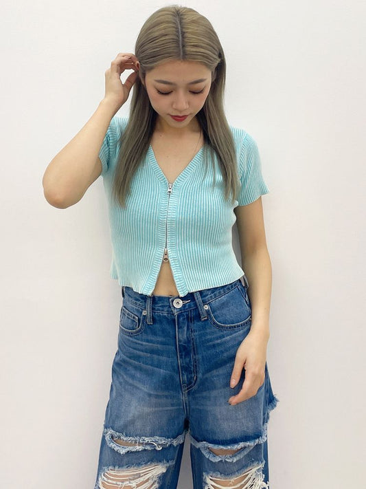 GYDA ハーフスリーブブリーチWファスナーリブニットトップス