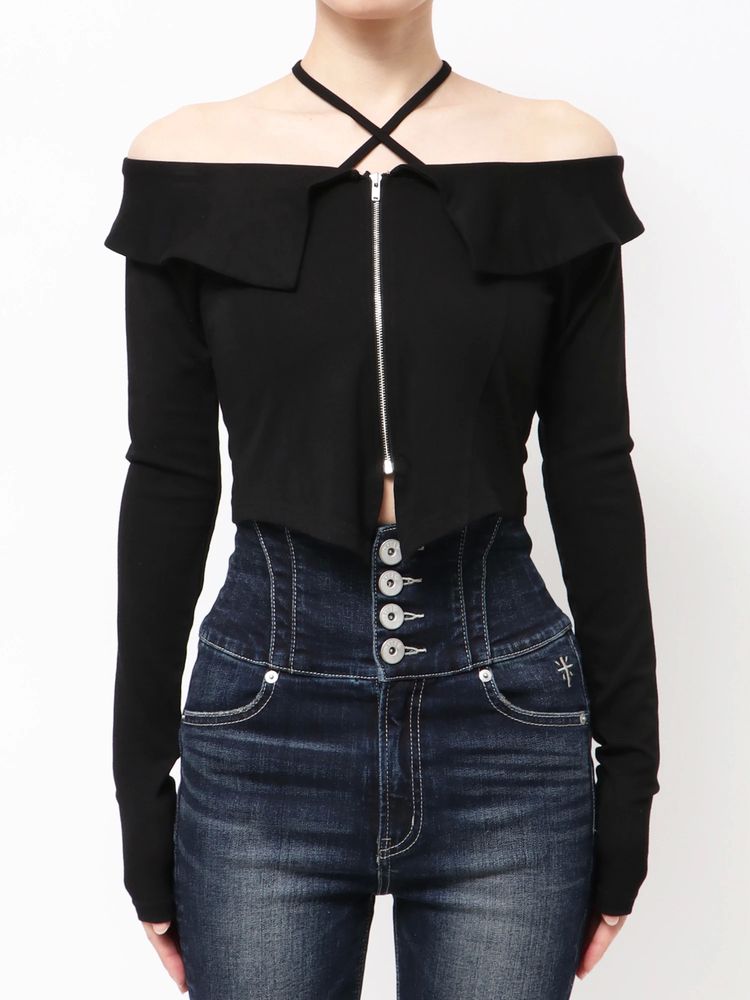 GYDA フロントZIPクロスチョーカーショートトップス