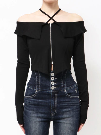 GYDA フロントZIPクロスチョーカーショートトップス