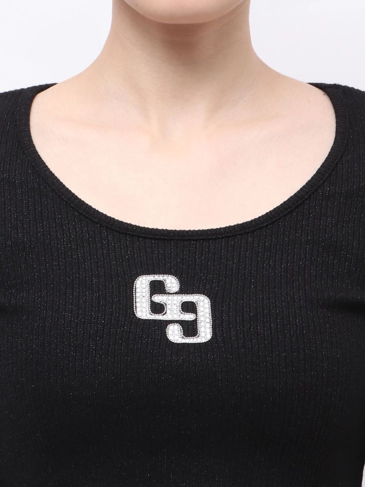 GYDA GGロゴラインストーンラメテレコ long sleeve トップス