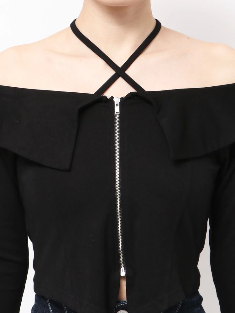 GYDA フロントZIPクロスチョーカーショートトップス