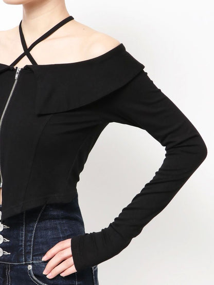 GYDA フロントZIPクロスチョーカーショートトップス