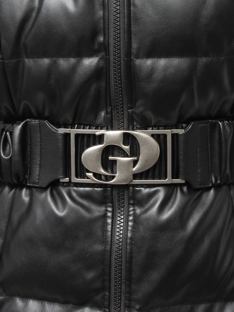 GYDA GDベルト付きフェイクレザーロングダウンコート