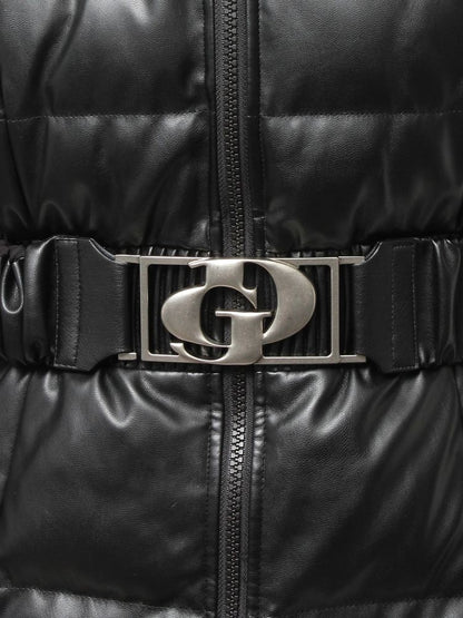 GYDA GDベルト付きフェイクレザーロングダウンコート