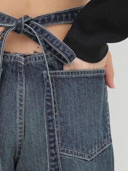 EVRIS バックリボンワイドデニムパンツ