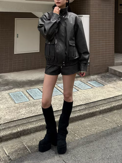 EMODA FAUXレザーハイネックブルゾン