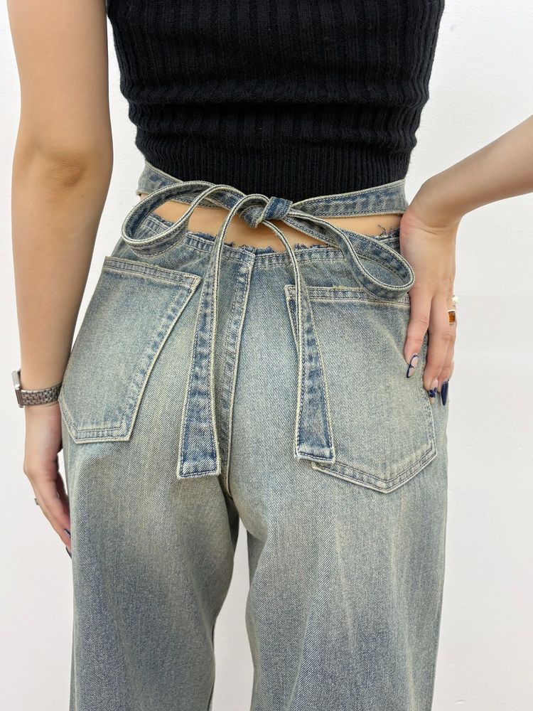 EVRIS バックリボンワイドデニムパンツ