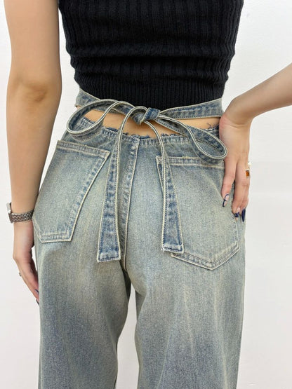EVRIS バックリボンワイドデニムパンツ