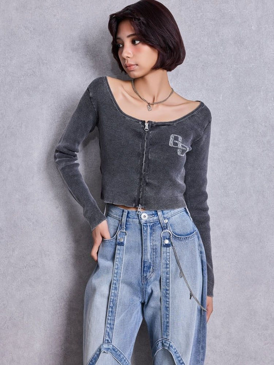 GYDA GG bijou ZIP ブリーチニットショートトップス