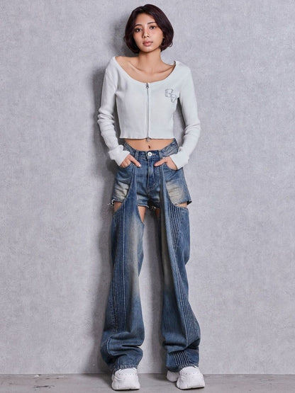 GYDA GG bijou ZIP ブリーチニットショートトップス