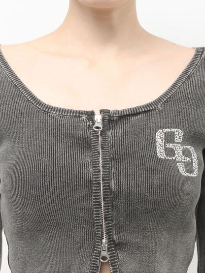 GYDA GG bijou ZIP ブリーチニットショートトップス