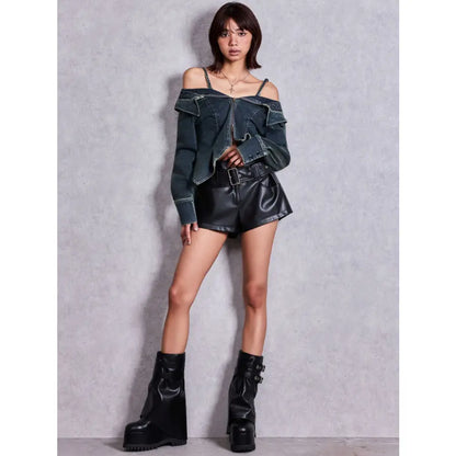 GYDA ベルト付きストレッチフェイクレザーショートパンツ