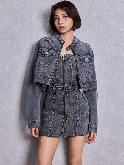 GYDA Symmetry GYDA フロントZIP スカートライクデニムタイトミニワンピース