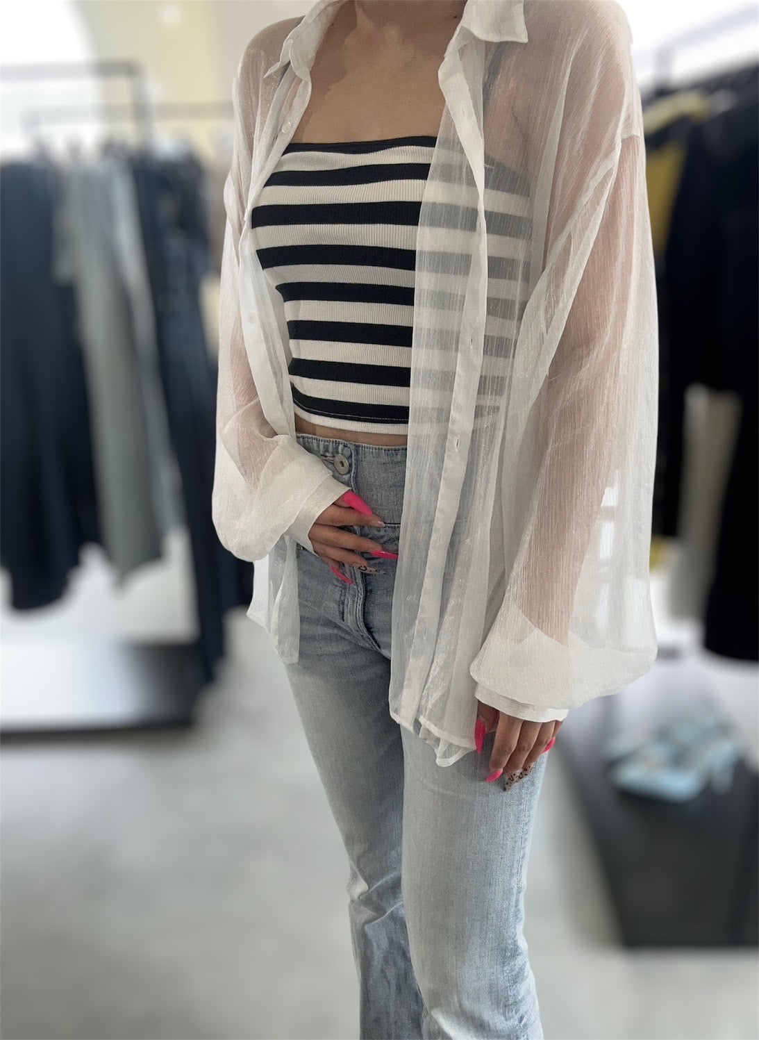 MURUA ボリュームスリーブシャイニーシアーシャツ