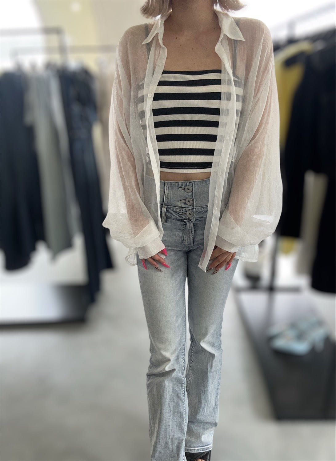 MURUA ボリュームスリーブシャイニーシアーシャツ