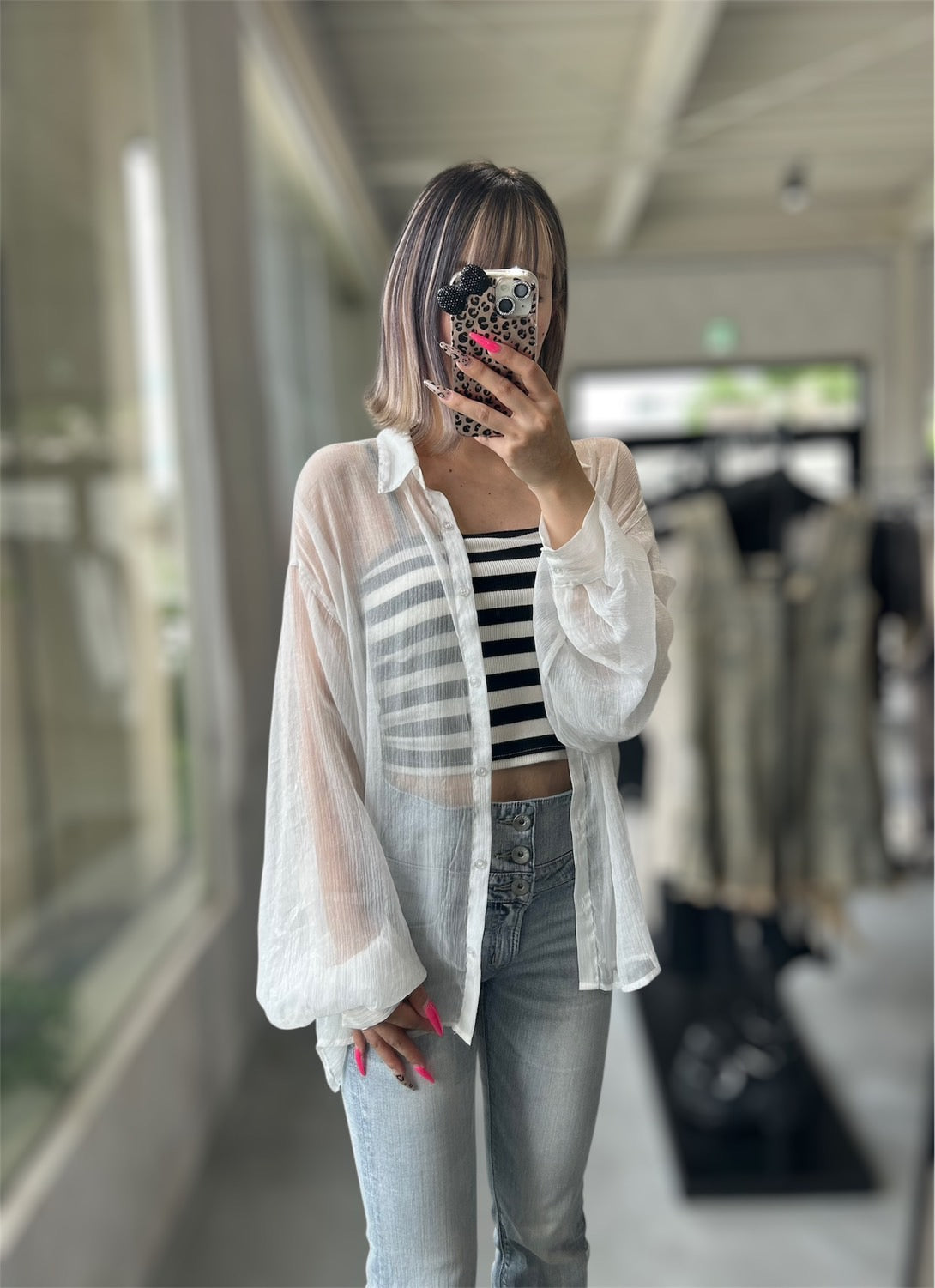 MURUA ボリュームスリーブシャイニーシアーシャツ