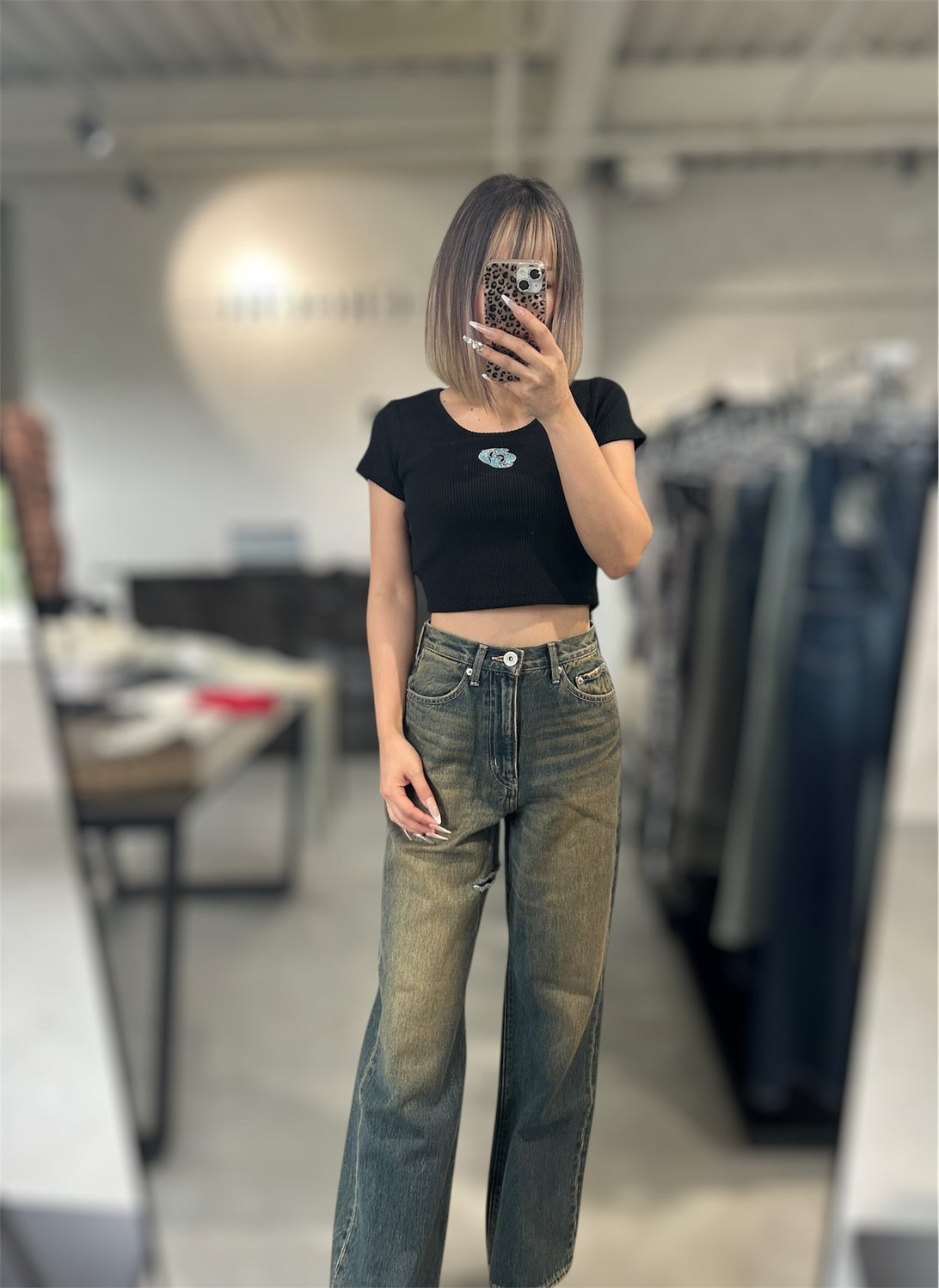 GYDA ハイウエストSymmetryGYDA INNER RIPPEDワイドデニムパンツ