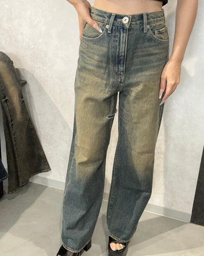 GYDA ハイウエストSymmetryGYDA INNER RIPPEDワイドデニムパンツ
