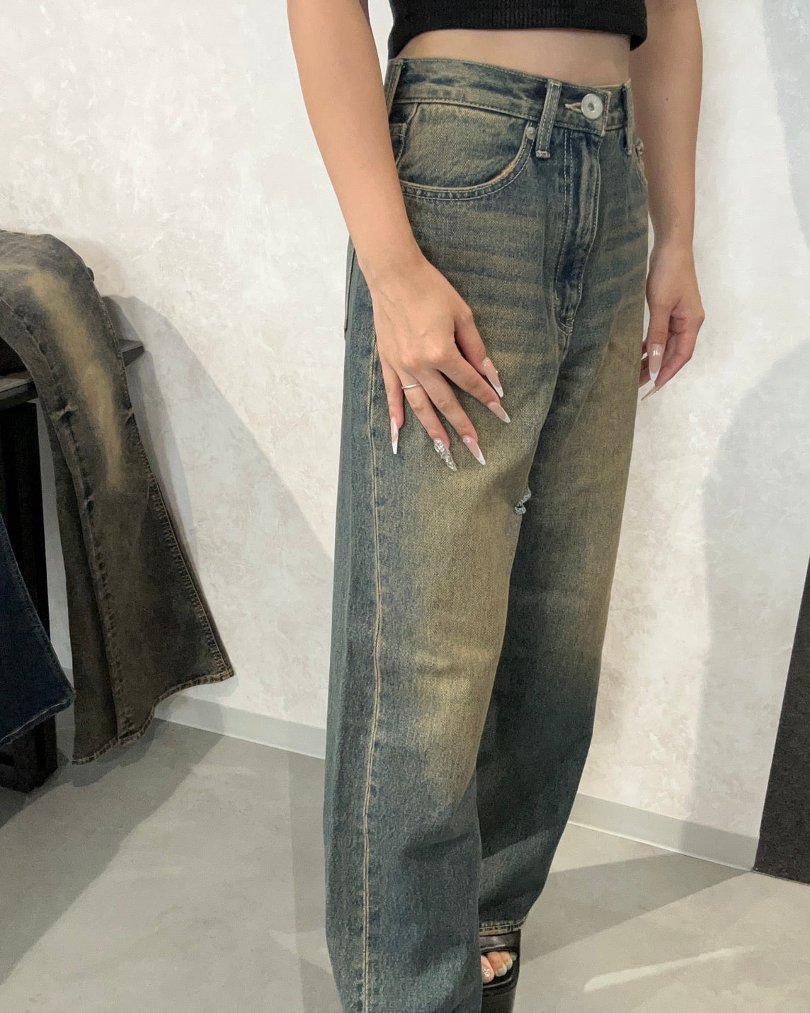 GYDA ハイウエストSymmetryGYDA INNER RIPPEDワイドデニムパンツ
