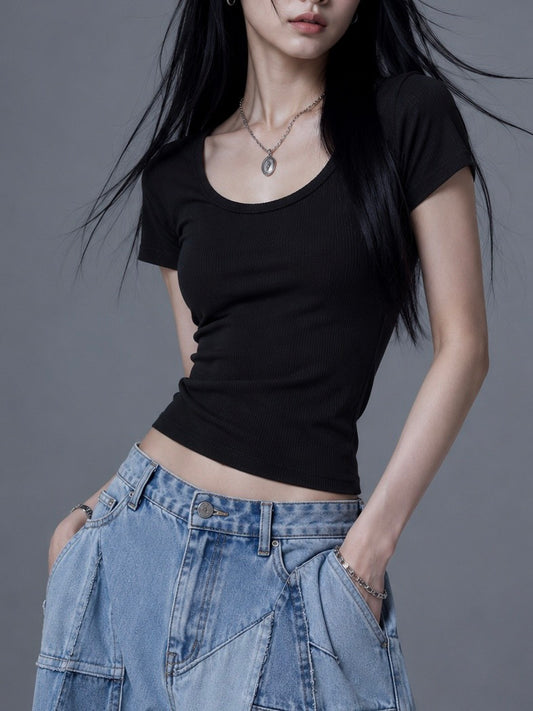 CROCHU BASIC ジャストフィットUネックTシャツ