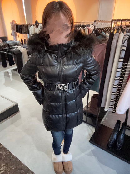 GYDA GDベルト付きフェイクレザーロングダウンコート