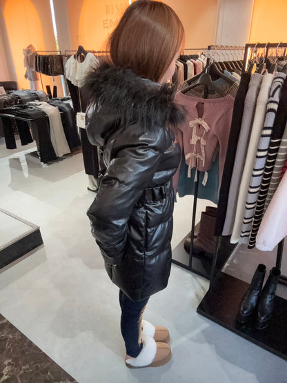 GYDA GDベルト付きフェイクレザーロングダウンコート