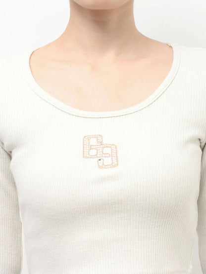 GYDA GGロゴラインストーンラメテレコトップス