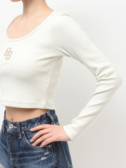 GYDA GGロゴラインストーンラメテレコトップス