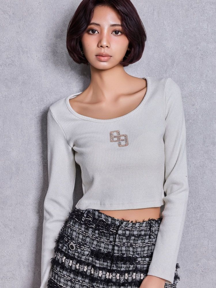 GYDA GGロゴラインストーンラメテレコトップス