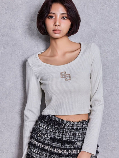 GYDA GGロゴラインストーンラメテレコトップス