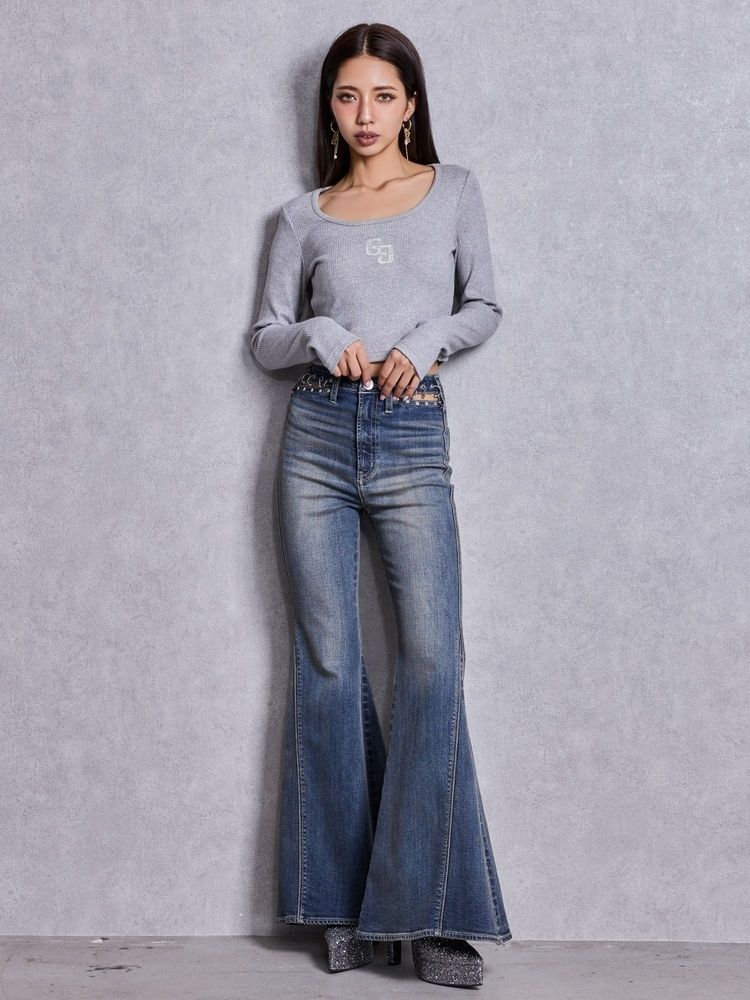 GYDA GGロゴラインストーンラメテレコトップス