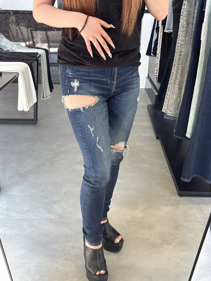 GYDA ミドルウエストSIDE RIPPEDスキニーデニムパンツ