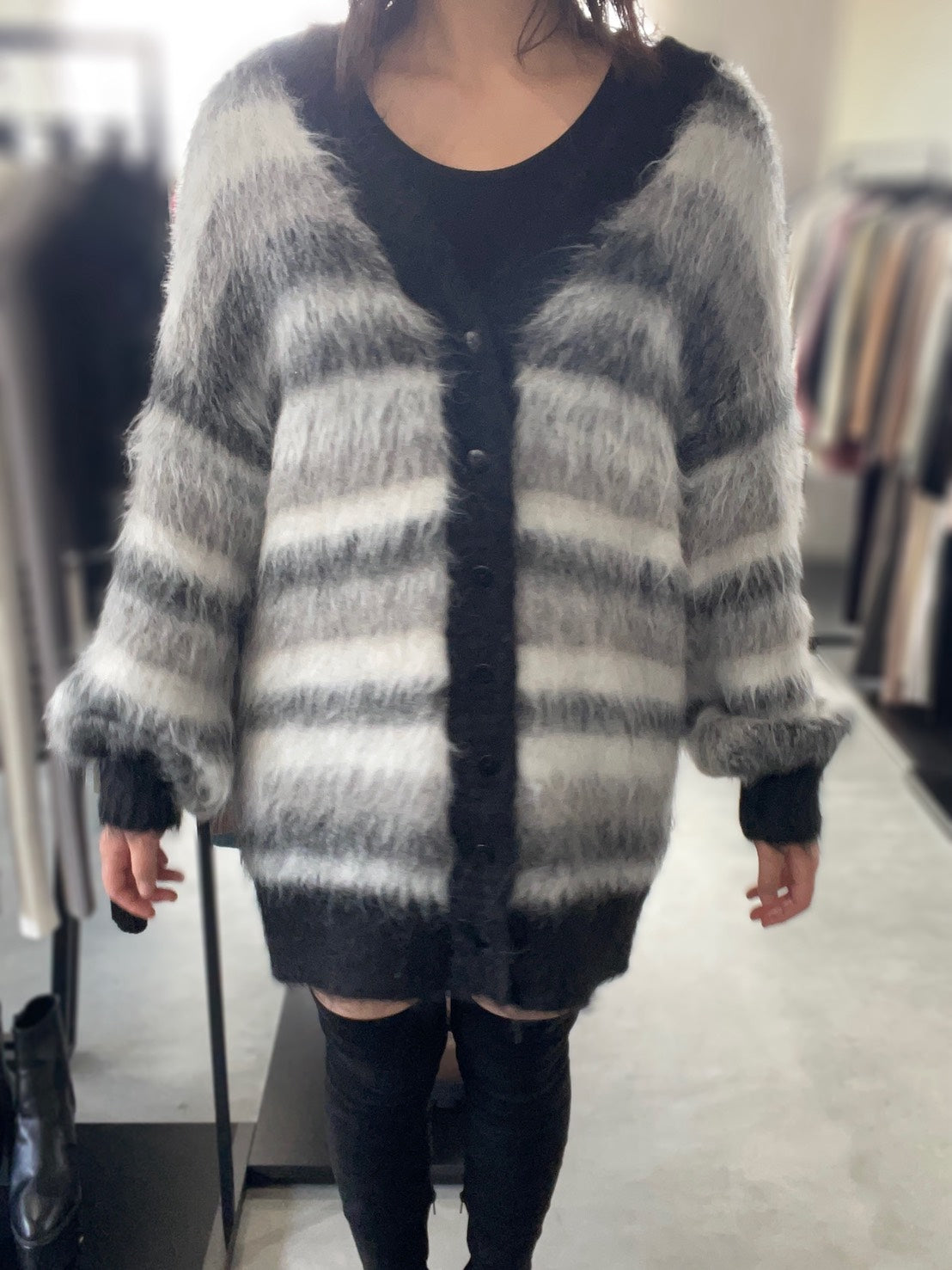 EVRIS ソフトシャギーボーダーニットカーディガン